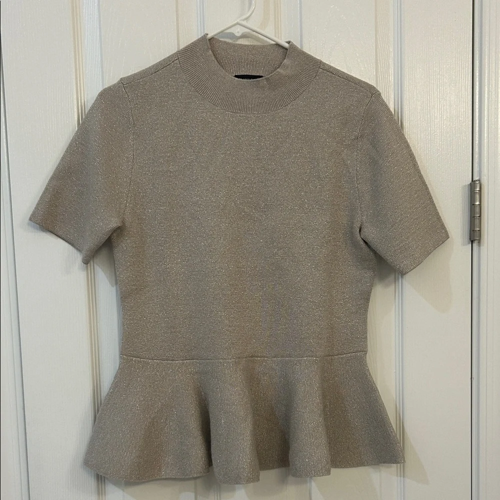Ann Taylor Shimmery Cream Short Sleeve Peplum Top - Picture 2 of 4